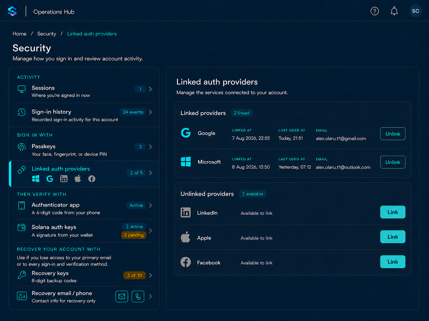 Desktop security menu showing linked authentication providers